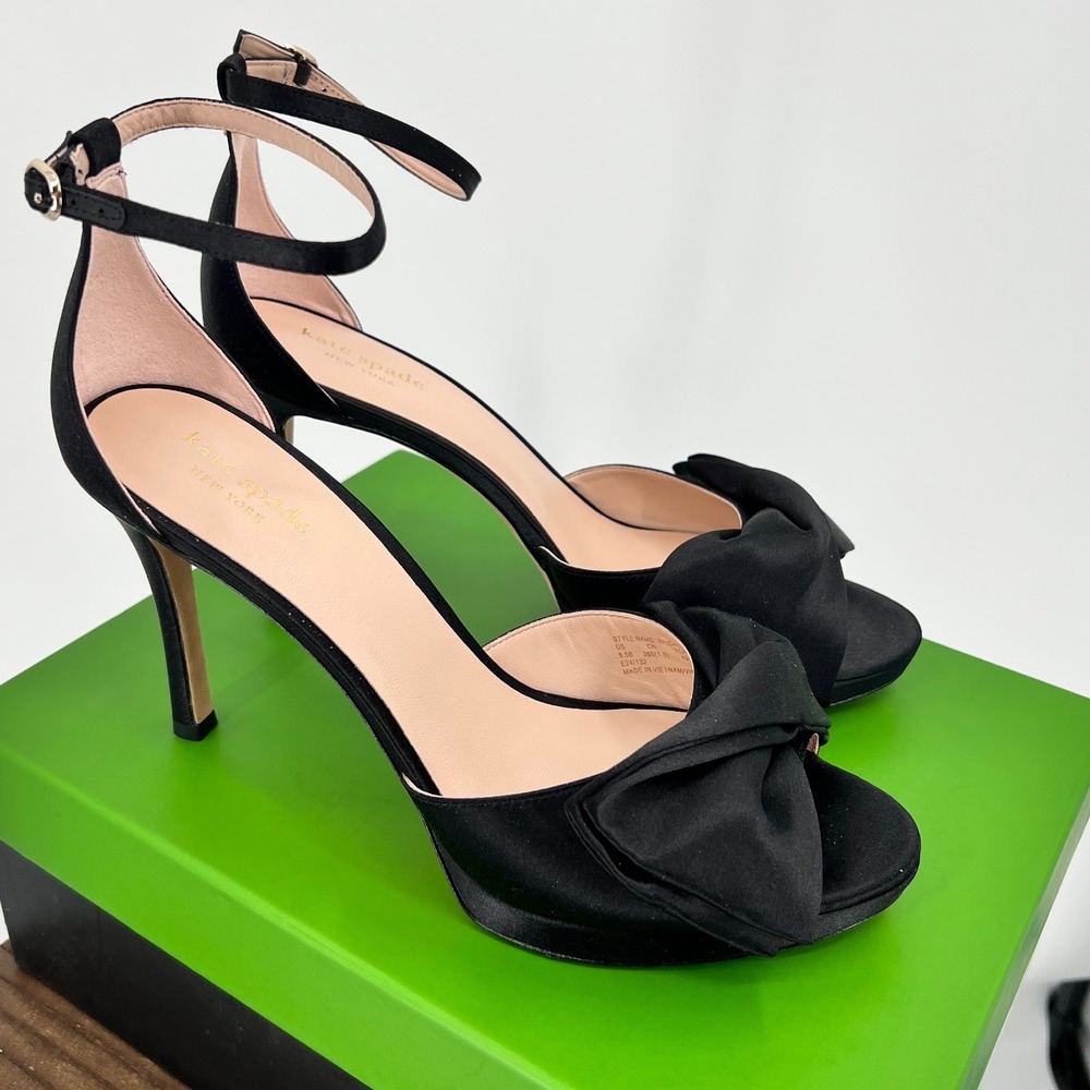 Kate Spade Bridal Bow Black Satin Ankle Strap Platform Heels‎ K0006 9.5B